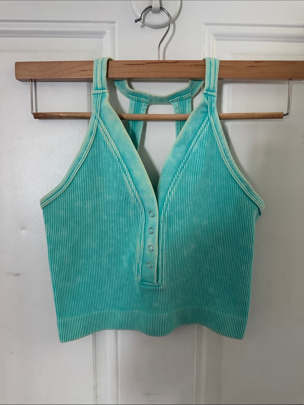 Ribbed Snap-Front Crop Top in Aqua Green